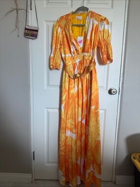 L'ATISTE Orange and White Floral Maxi Dress with Belt